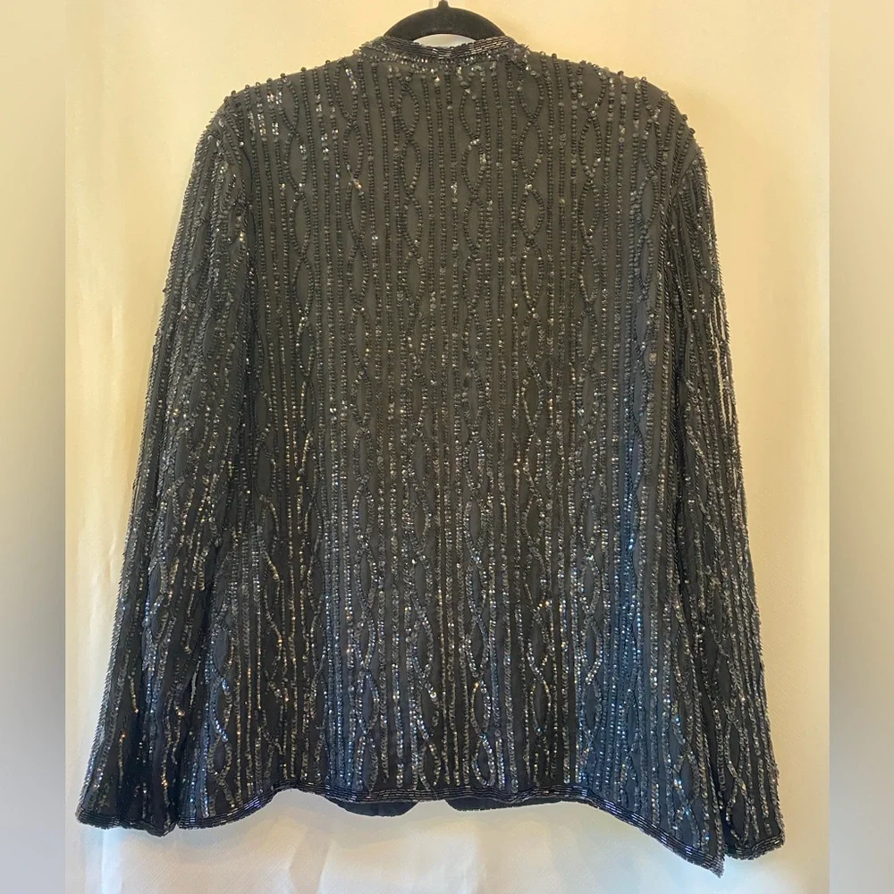 Vintage Whimsygoth Womens Black Silk Hand Beaded Sequin Embellished Blazer 15/16 - Picture 7 of 13